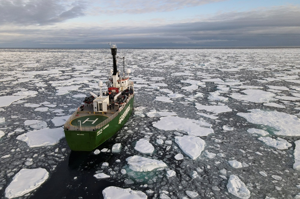 綠色和平組織船隻在北極海浮冰間航行。（湯森路透）