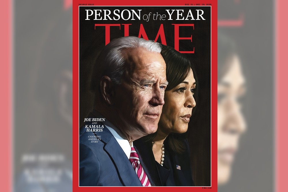 《時代》雜誌評選美國正副總統當選人拜登、賀錦麗為年度風雲人物。（取自《時代》雜誌官網）