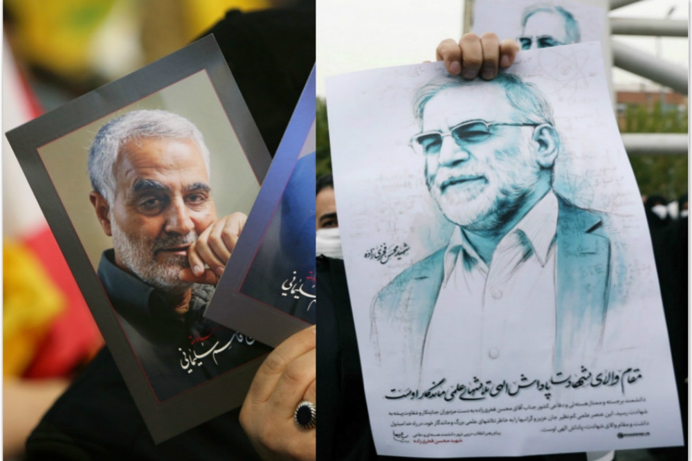 伊朗2020年相繼損失一名高階將領與核子科學家：蘇雷曼尼（左）與法赫里扎德（右）。（湯森路透）