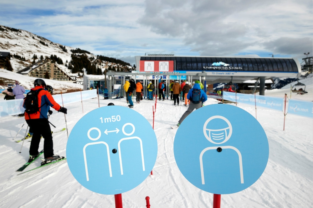 瑞士滑雪場豎立海報，提醒遊客保持社交距離並戴上口罩。（湯森路透）