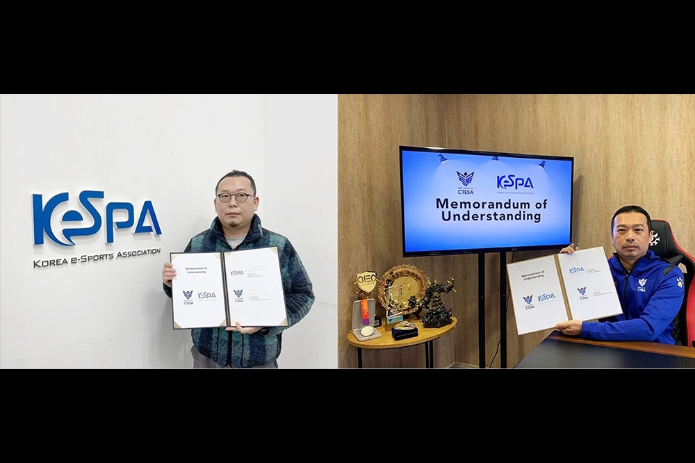 中華民國電子競技運動協會與韓國電子競技協會日前簽署合作備忘錄。左：KeSPA秘書長金哲學，右：CTESA副理事長陳柏壽。  圖：CTESA/提供