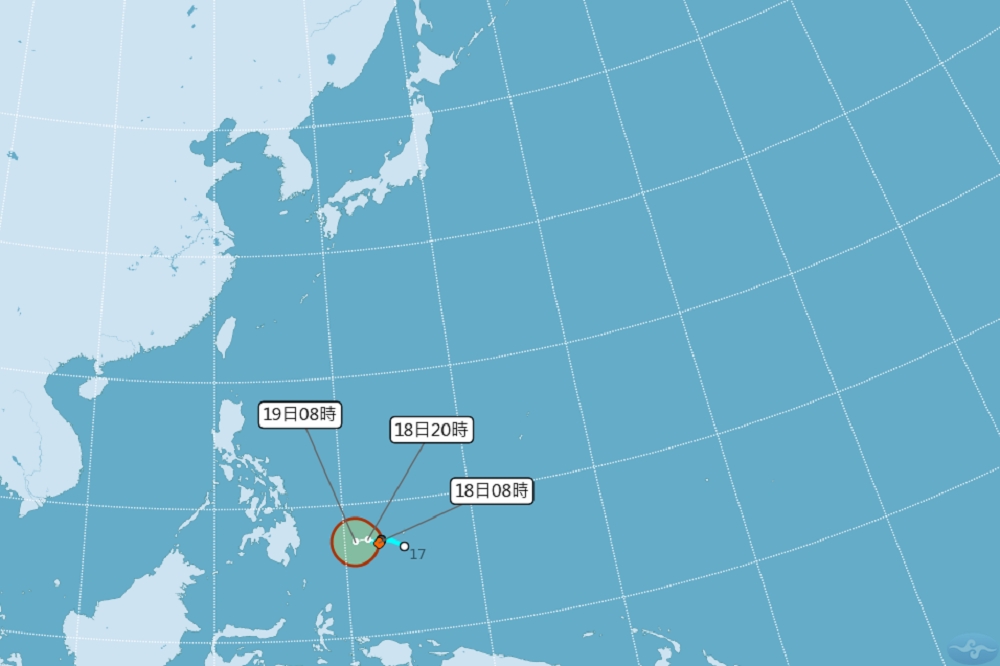 中央氣象局18日公布，原位於菲律賓東方海面的熱帶性低氣壓「杜鵑」於18日下午2點發展為輕度颱風，對台灣無直接影響。（取自中央氣象局）