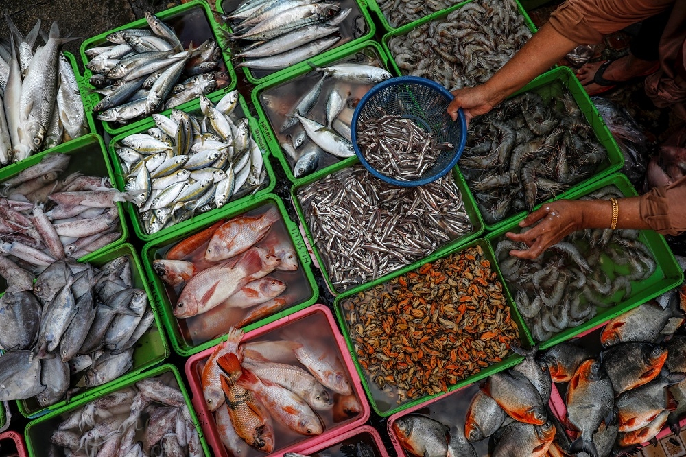 印尼雅加達市場海鮮攤販。（湯森路透）