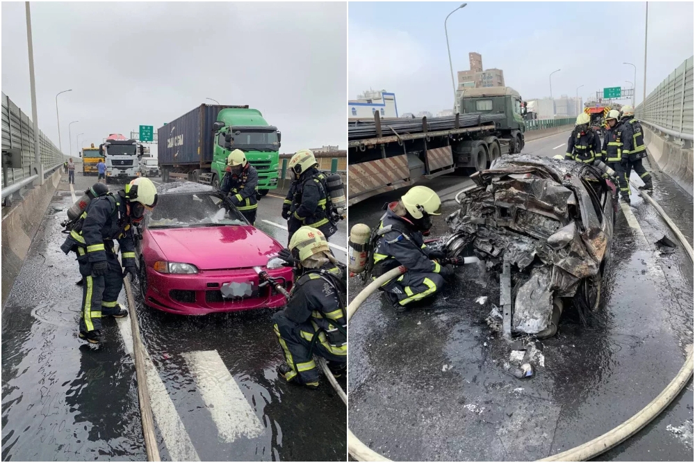 西濱快速道路20日下午發生一起火燒車事故。（台中市消防局提供）