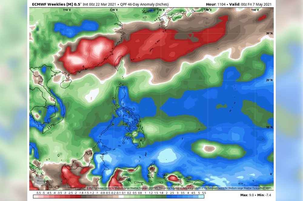 據天氣風險公司臉書上指出，根據氣候預報顯示未來一個半月，台灣附近處在嚴重偏乾的環境，未來45天雨水不樂觀。（取自天氣風險 WeatherRisk臉書）　