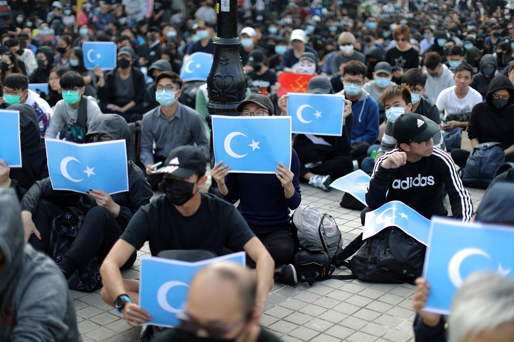香港聲援新疆維吾爾人的集會活動。（湯森路透）