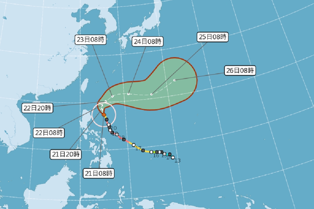 舒力基颱風路徑潛勢預測圖。（中央氣象局提供）