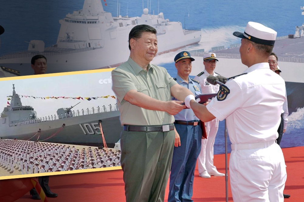 中共中央軍委主席習近平23日出席大連艦（黃框處）、長征18號及海南艦3艦艇啟用儀式，3軍艦更被中國官媒形容是「攻台利器」。（合成畫面／中國軍網、新浪軍事）