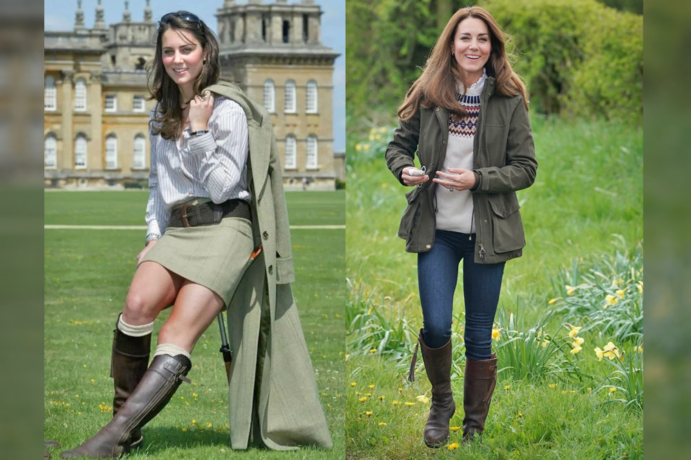 凱特王妃同一雙靴子愛穿17年，左為2004年以威廉王子女友身分亮相時穿，右是昨天出席活動穿著。（翻攝自Penelope Chilvers官網、湯森路透）