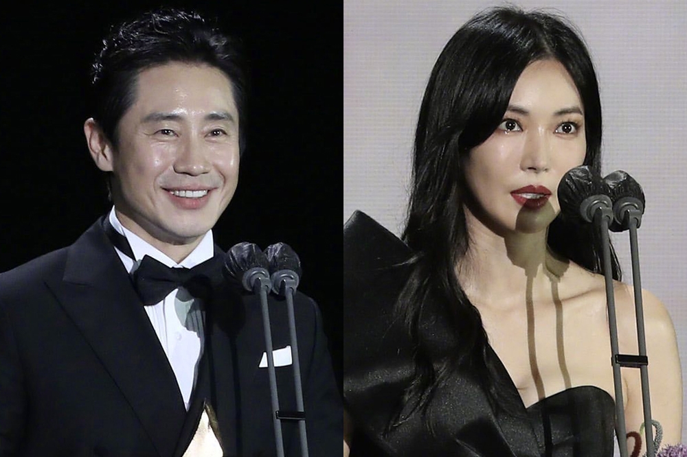 申河均（左）與金素妍成為今年百想藝術大賞的視帝視后，兩人都是出道多年首次在此獲獎。（翻攝自JTBC）
