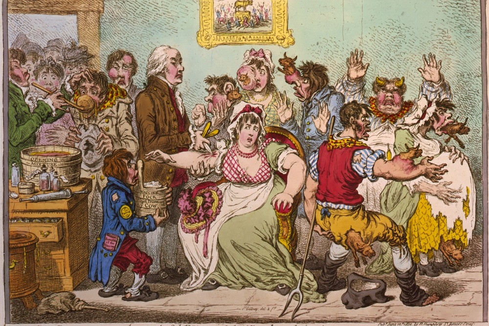 1802年的一幅評論式漫畫，內容在批評愛德華·詹納利用疫苗預防天花的做法。（取自維基百科）