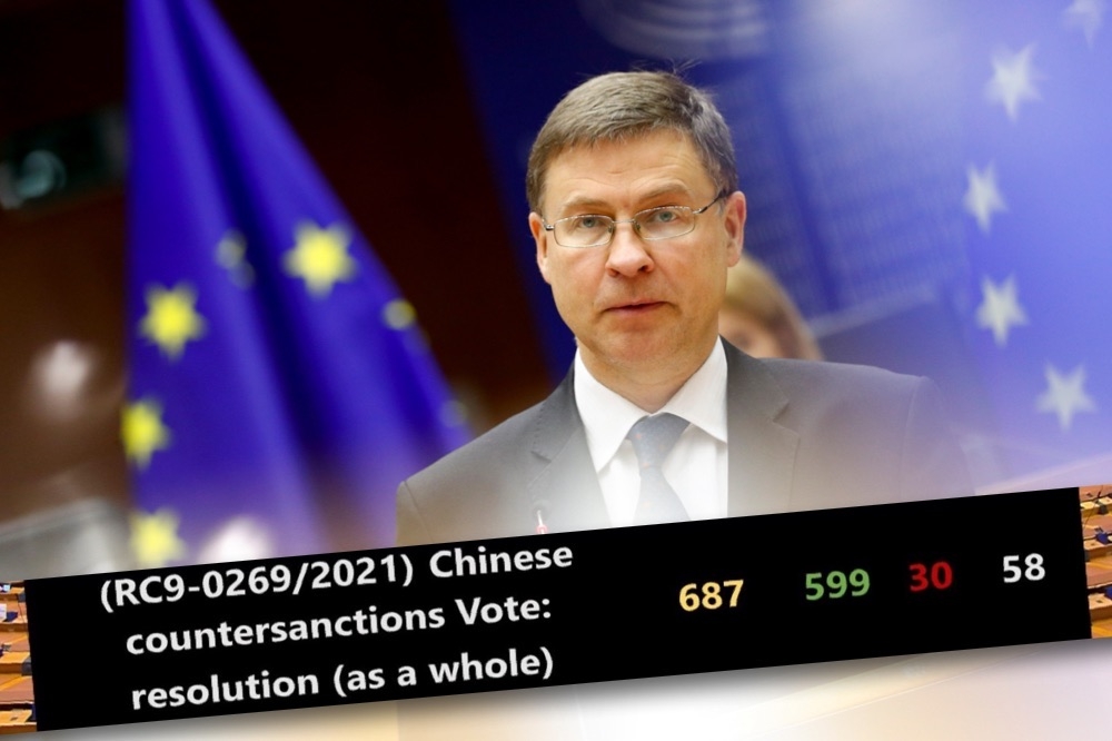 歐州議會通過決議案凍結歐中聯盟，獲得歐盟執委會副主席杜姆布羅夫斯基斯（Valdis Dombrovskis）支持，不看好雙方談判前景。（湯森路透、歐洲議會人權委員會推特@EP_HumanRights）