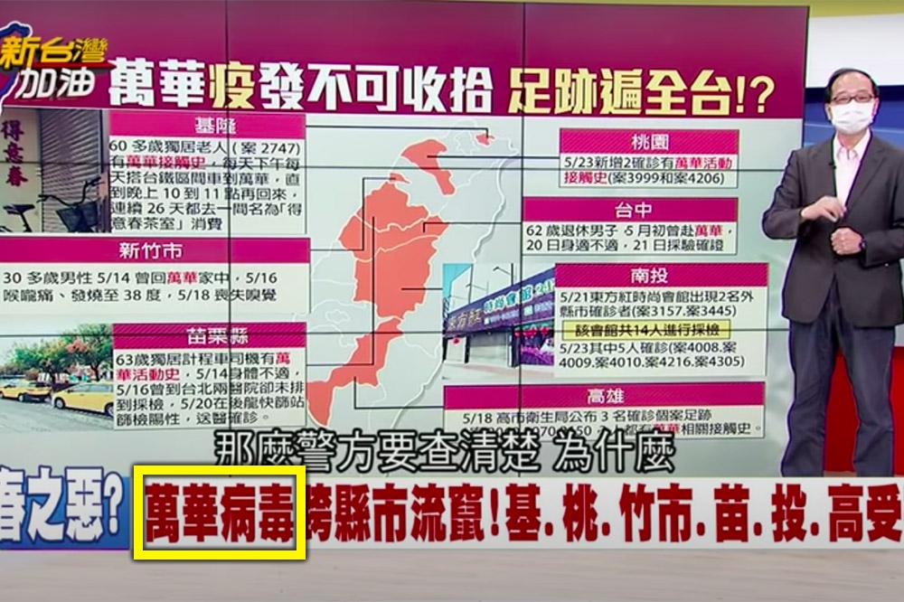 三立新聞政論節目《新台灣加油》昨以「萬華病毒」為標題進行討論，引發爭議。（翻攝自節目畫面／上報製圖）
