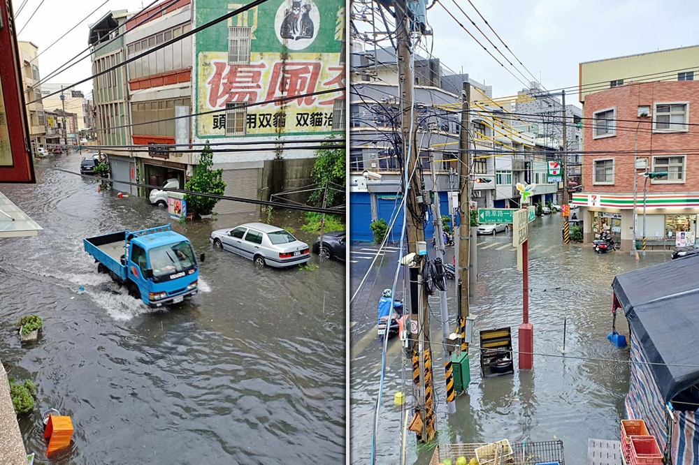 中南部受滯留鋒面影響，易有短時強降雨，彰化鹿港繼29日大雨後，30日也傳出淹水災情。（合成畫面取自我愛鹿港小鎮臉書）