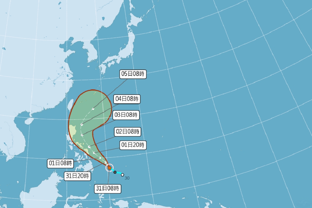 今年第3號颱風「彩雲」預測朝北北西方向移動，短時間內對台灣無直接影響。（中央氣象局提供）