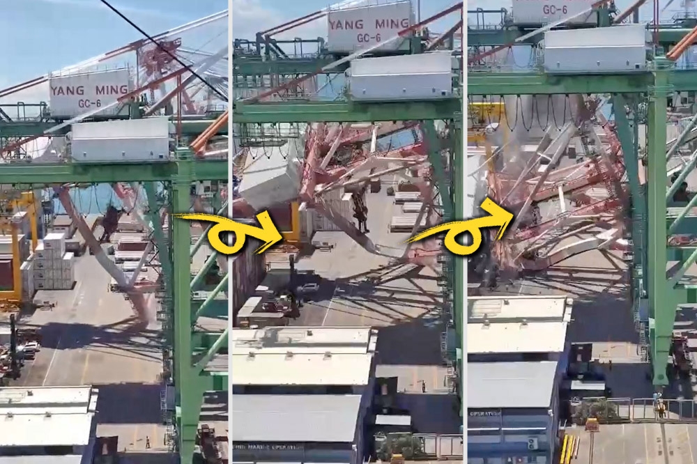 陽明海運位在高雄港70號碼頭，3日中午遭一艘大型貨櫃輪撞上，2部起重機倒塌。（讀者提供）