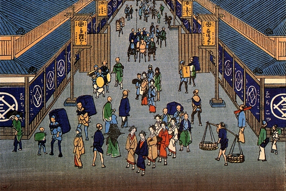 日本浮世繪畫家歌川廣重「名所江戶百景」中的「するかてふ」（局部），繪製了江戶的街景（圖片取自維基百科）