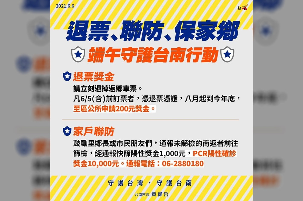 台南市長黃偉哲6日提出「端午守護台南行動」，鼓勵民眾退返鄉車票、通報未篩檢的南返者。（取自黃偉哲臉書）