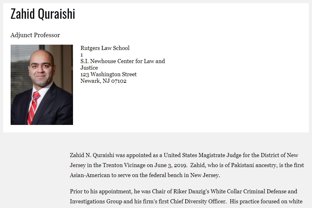 美國參議院10日批准、庫萊希成為該國史上首位穆斯林聯邦法官。（圖片擷取自羅格斯大學）
