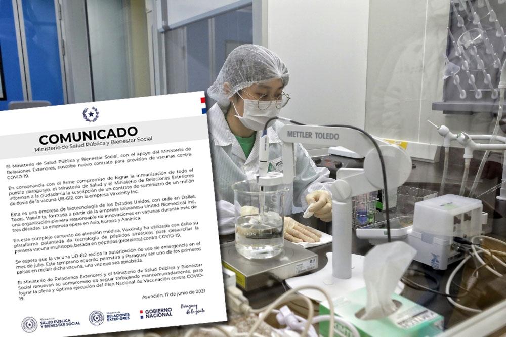 巴拉圭17日宣布與台灣聯亞的美國合作夥伴Vaxxinity公司簽署100萬劑疫苗採購早期協議。（合成畫面／總統府提供、取自推特）