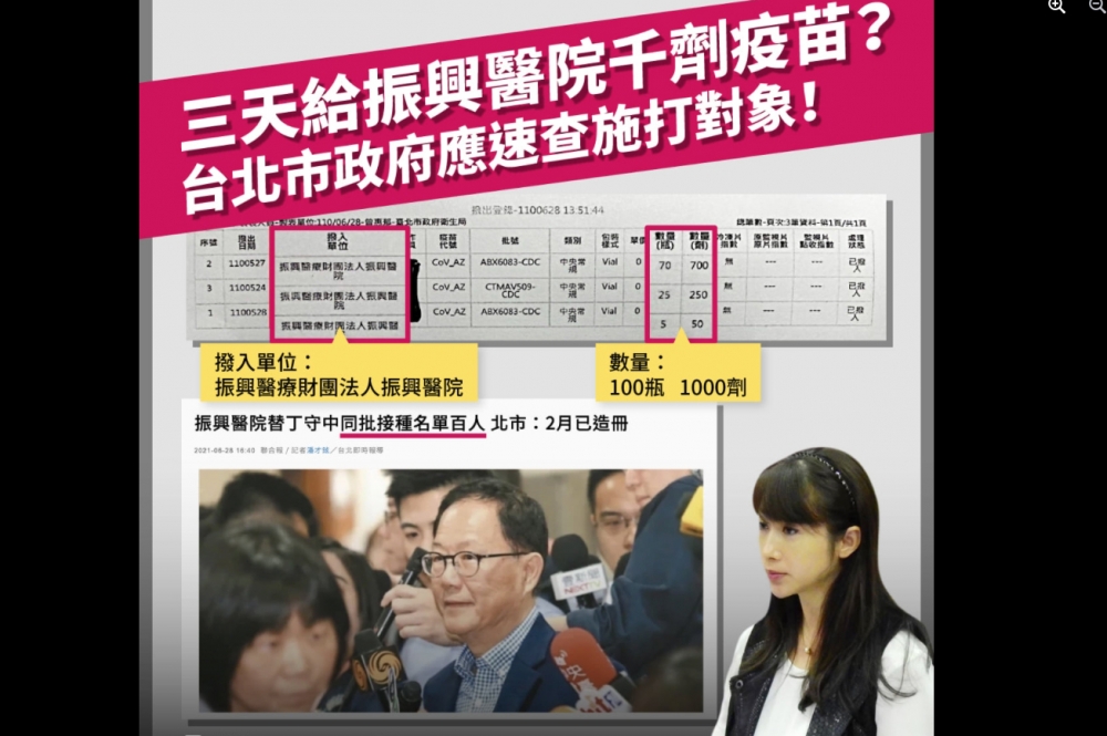 台北市議員許淑華質疑，北市府為何3天內配給振興醫院高達1000劑疫苗，要求市政府徹查振興醫院的施打對象。（取自許淑華臉書專頁）