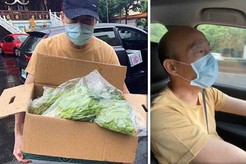 高雄市前市長韓國瑜在臉書PO出他捐新鮮蔬菜等物資給育幼院畫面。（合成畫面／取自韓國瑜臉書）
