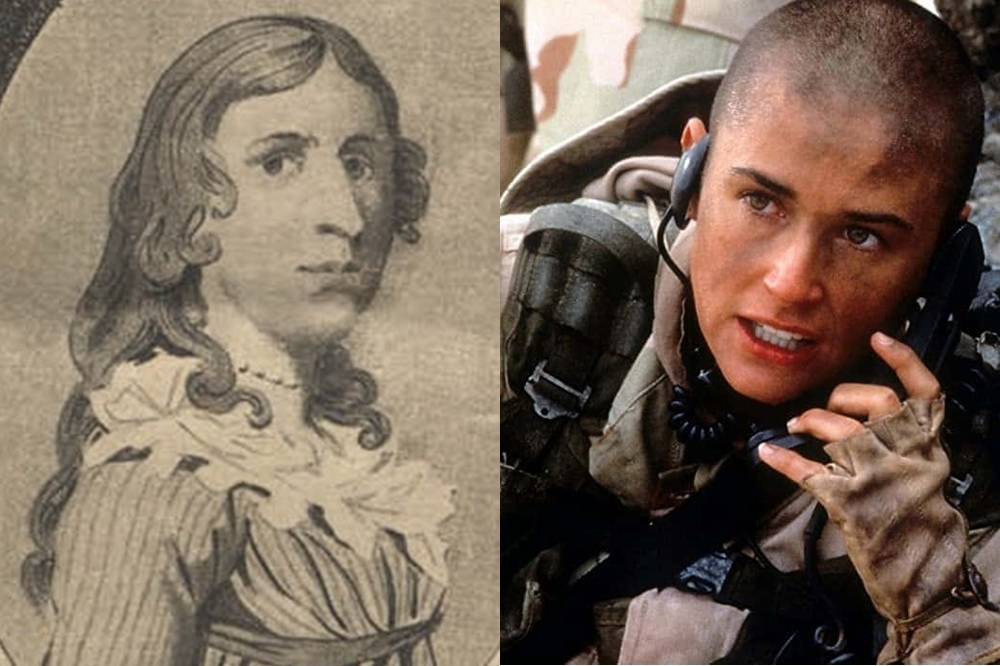 左為女扮男裝參加美國獨立戰爭的黛博拉．桑普森肖像畫、右為電影《魔鬼女大兵》劇照（圖片取自維基百科、IMdb）