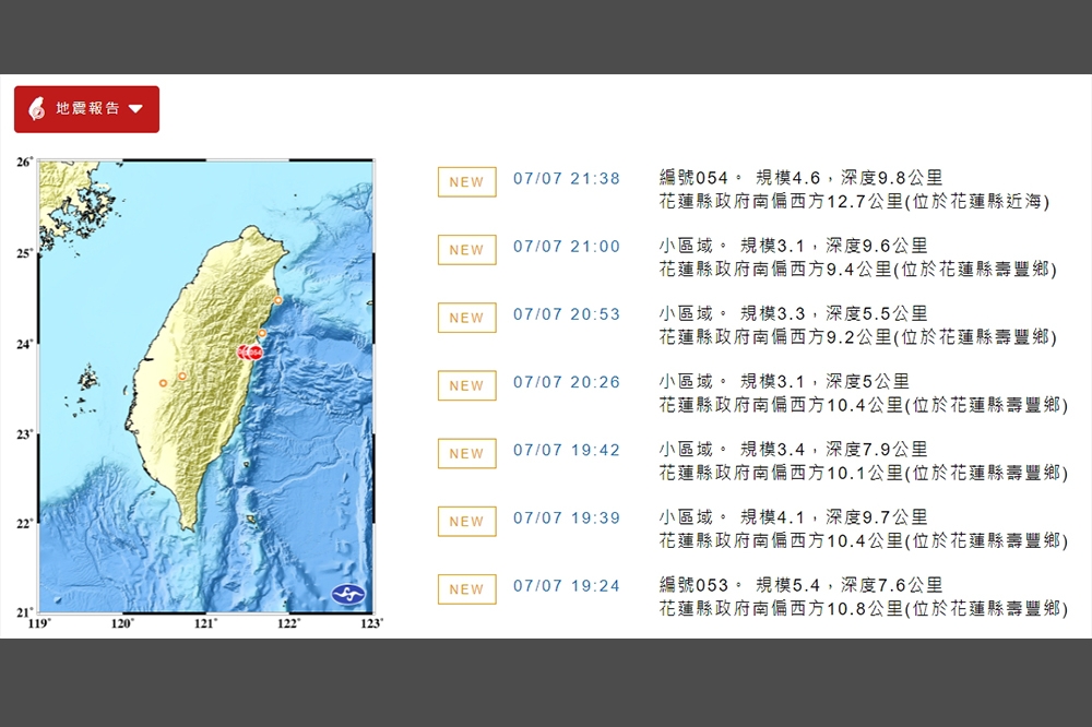 花蓮縣壽豐鄉7日晚間一連發生7起有感地震，氣象局表示，未來2至3天仍有規模3至4餘震。（取自中央氣象局）
