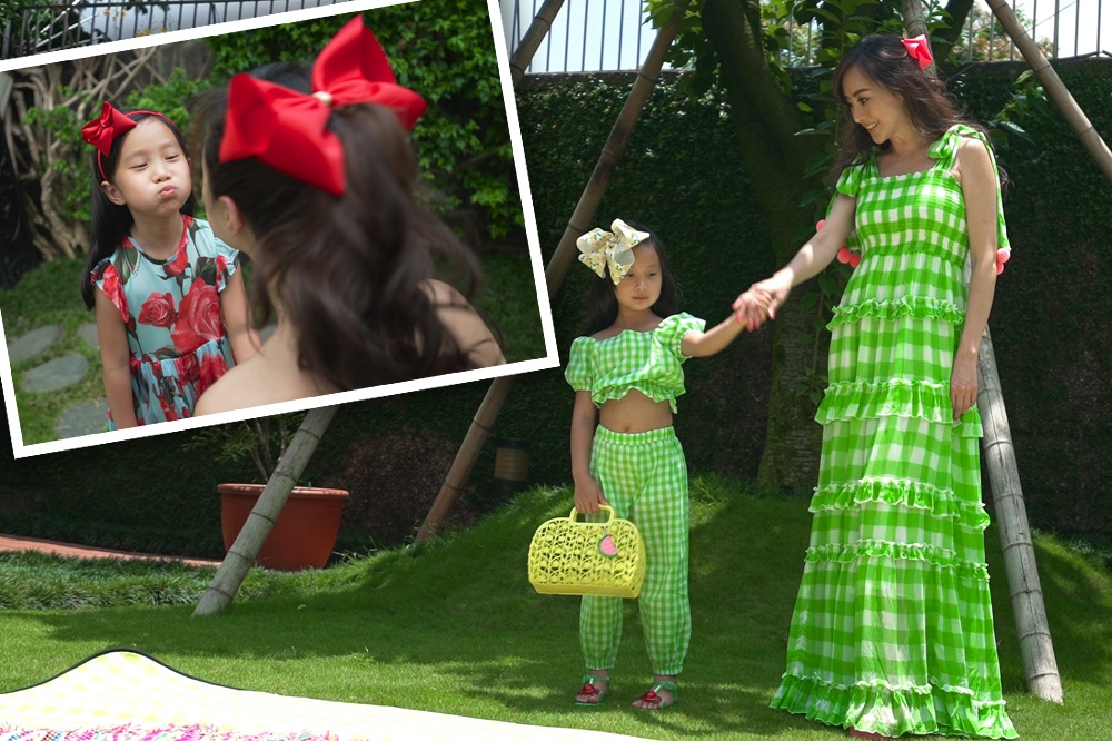 關穎女兒CC擔任兒童品牌時尚大使，母女都是熱愛蝴蝶結的標標性人物。（寬魚國際提供）