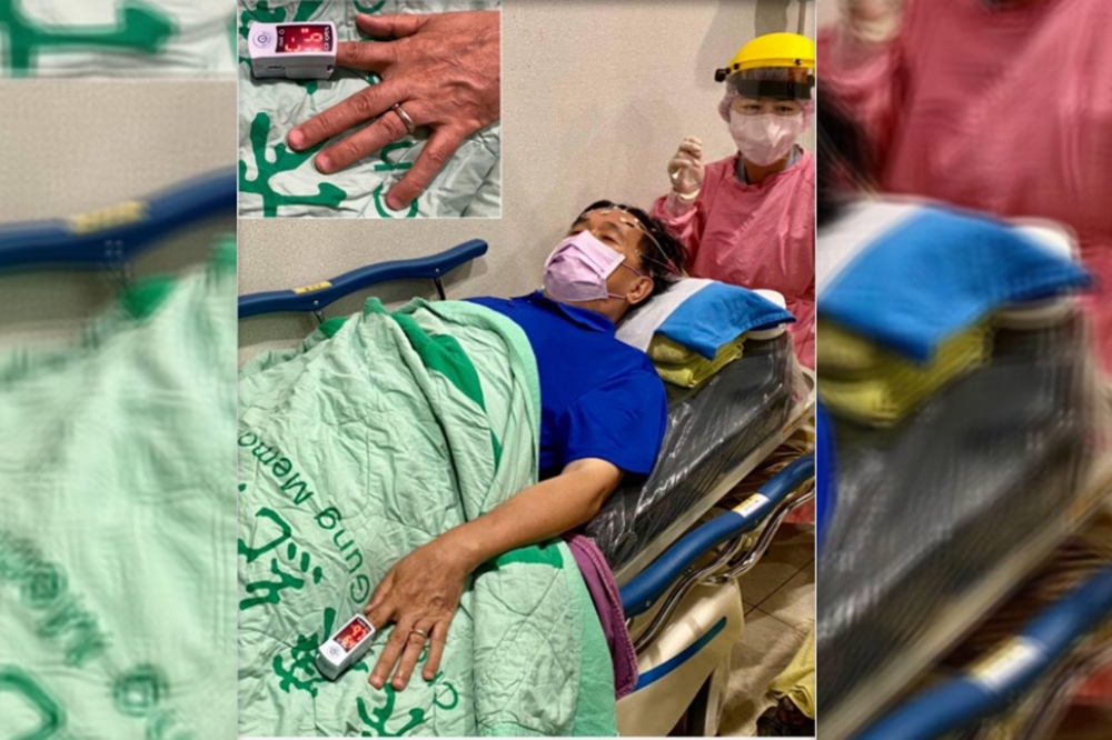 前總統陳水扁臉書14日突然PO出一張照片，14日例行到高雄長庚醫院腦波檢查時，血氧儀SpO2最低一度降到90%。（取自陳水扁臉書專頁）
