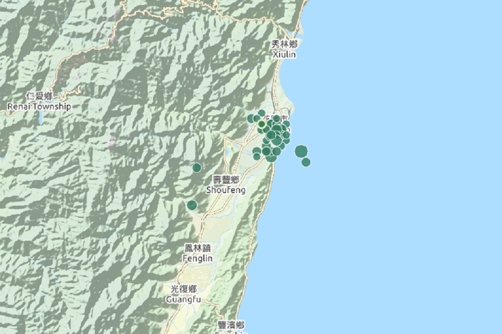 花蓮16日首起地震發生在上午7點5分，芮氏規模4.7，隨後又接連發生15起地震。（中央氣象局提供）
