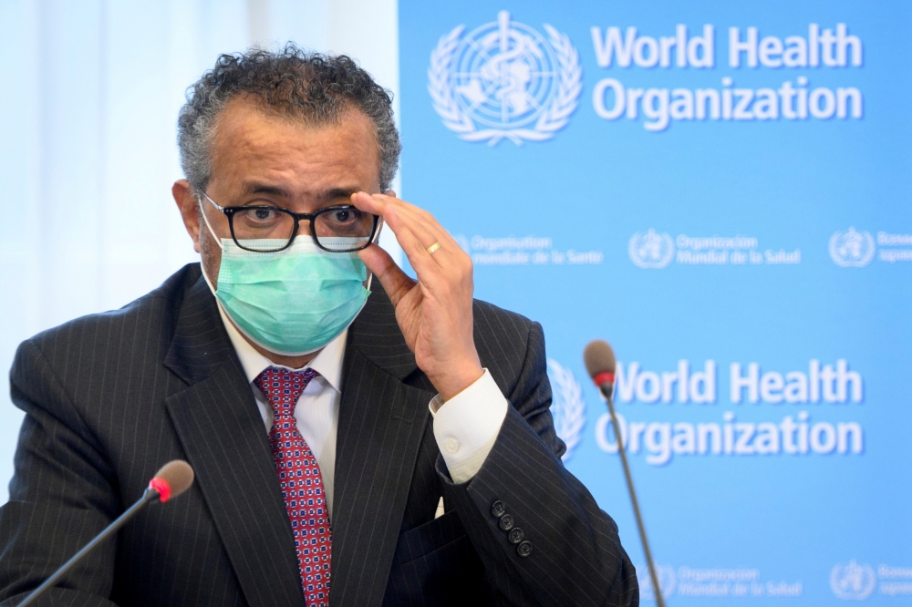 世界衛生組織（WHO）秘書長譚德塞（Tedros Adhanom Ghebreyesus）15日呼籲中國應提供更多原始數據、保持公開和透明，以利病毒起源的調查進行。（湯森路透）
