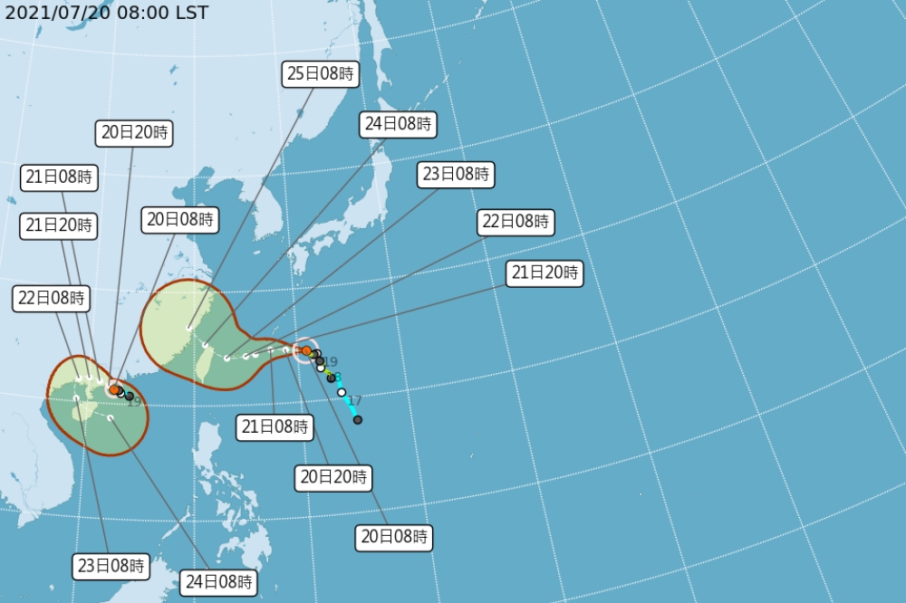 烟花颱風不排除登陸台灣北部陸地。（中央氣象局提供）