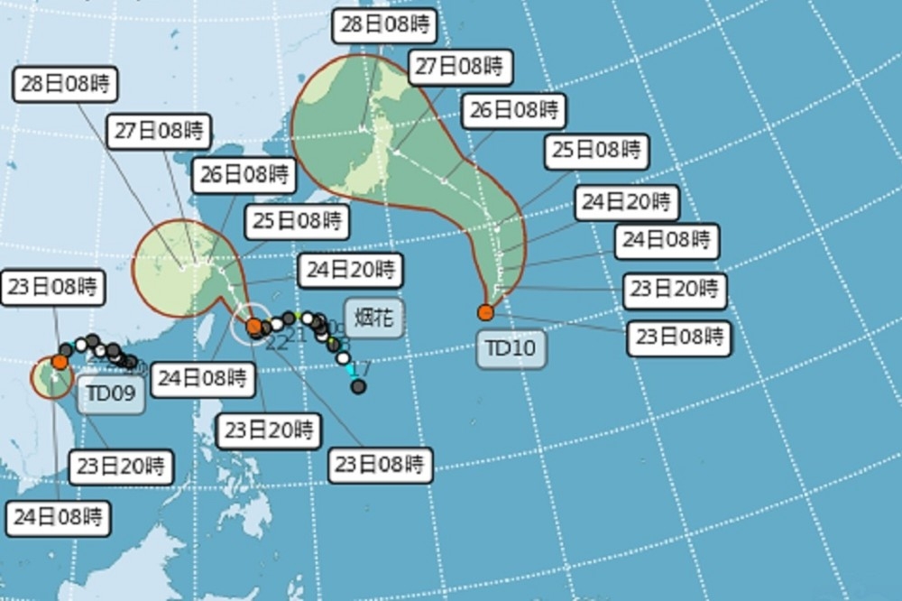 台灣東北方海上23日又生成另個熱帶性低氣壓，這2天有機會發展為第8號颱風尼伯特。（取自中央氣象局）