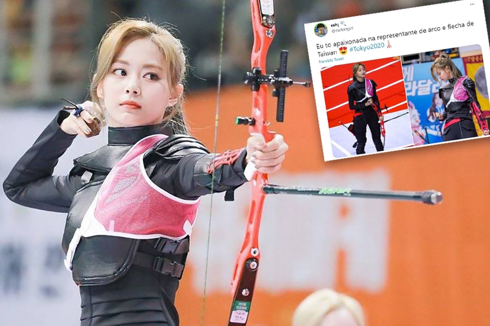周子瑜過往參加韓綜《偶像明星運動會》的射箭美照，被巴西網友誤認是奧運射箭選手，意外登上全球熱搜。（取自MBC）