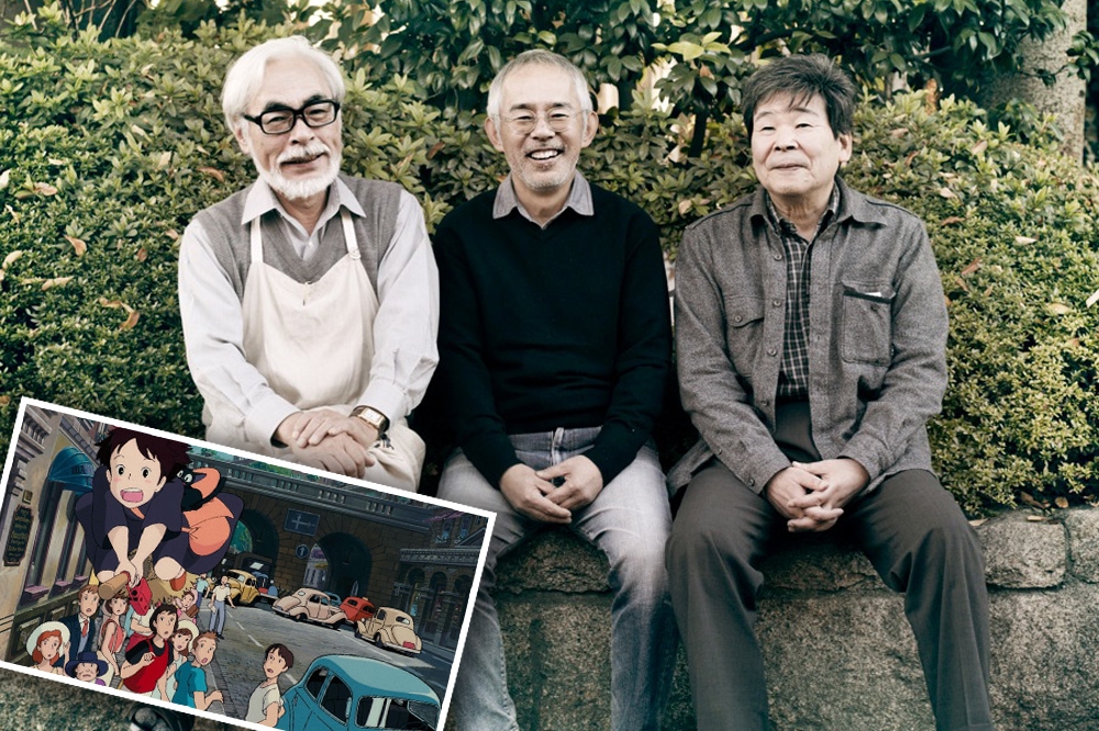吉卜力工作室開創日本動畫電影的傳奇，三位靈魂人物左起宮崎駿、鈴木敏夫和高畑勳，而大受歡迎的《魔女宅急便》（左圖）是該工作室第一次製作外界提案的企劃。（左圖翻攝自吉卜力工作室官網，右圖新經典文化提供）
