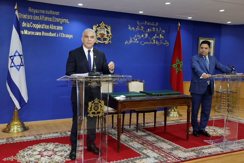 以色列外長與摩洛哥外長舉行共同記者會。（湯森路透）