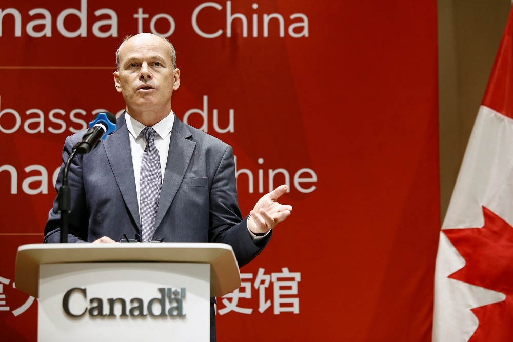 加拿大駐北京大使館臨時代辦倪傑民（Jim Nickel）11日在駐華使館談論斯帕沃爾案。（湯森路透）