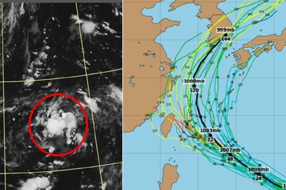 19日2點「熱帶擾動 （左圖）在關島西方海面，美國系集模式模擬（右圖）則顯示，預測其將在琉球附近迴轉。（擷取自三立準氣象· 老大洩天機）