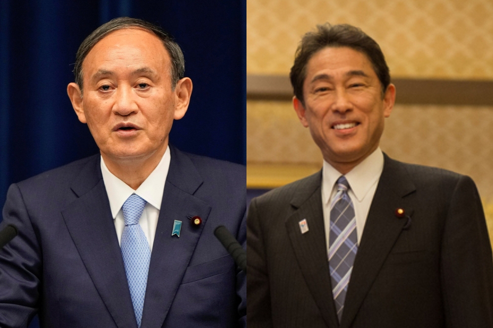 現任日本首相兼自民黨總裁菅義偉（左）將在9月底屆滿，前外相岸田文雄（右）宣佈出馬挑戰。（湯森路透、美國國務院）