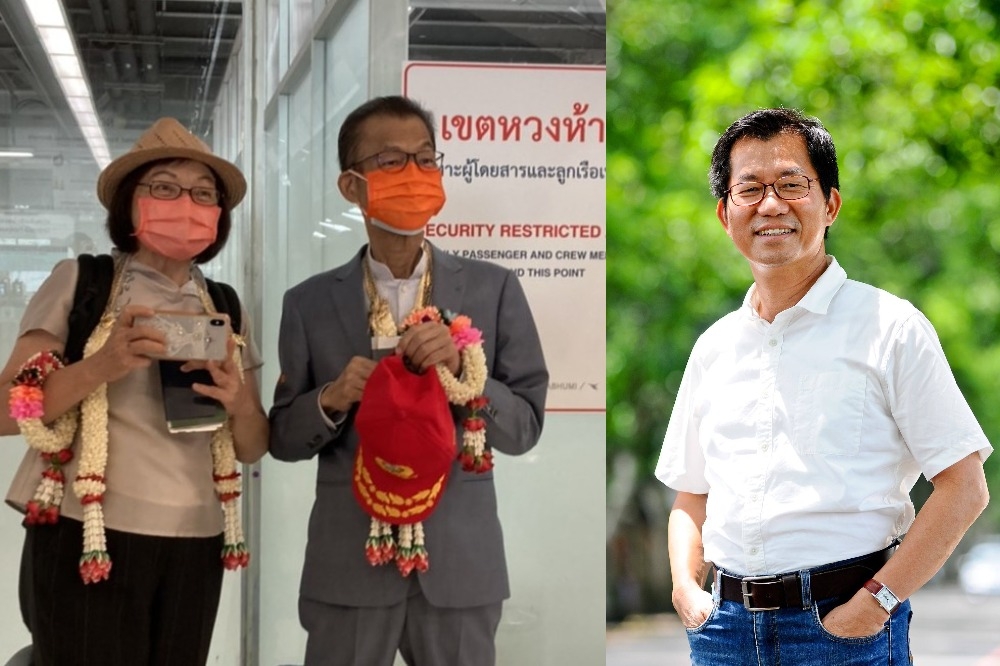 我駐泰國代表李應元（左圖右）因身體不適請辭，26日回到台灣，李應元較以往削瘦許多，也變得較黝黑。（合成畫面／駐泰國代表處提供、李應元臉書）
