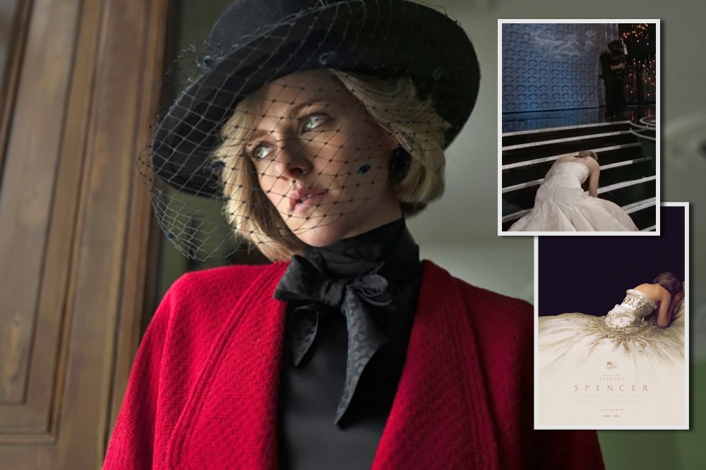 克莉絲汀史都華（左）演出的黛妃傳記電影，日前釋出海報（右下），神似2013年珍妮佛羅倫斯在奧斯卡典禮跌倒的畫面（右圖上）。（左圖＆右下取自劇照，右上翻攝自Oscars YouTube影片）