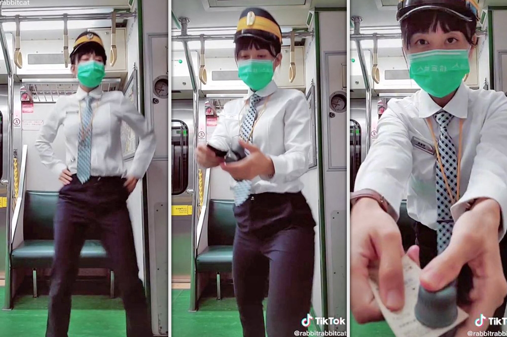 台鐵一名女車長下班後在車廂內穿著制服拍攝跳舞影片，上傳抖音，意外引起網友轉傳暴紅。（擷取自TikTok）