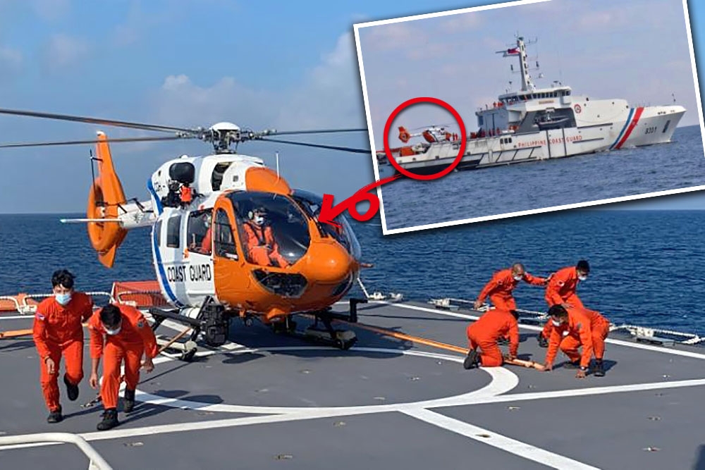 菲國海警船Gabriela Silang號搭載EC145直升機（箭頭處）隨艦出海參與操演。（合成畫面／取自Philippine Coast Guard臉書）