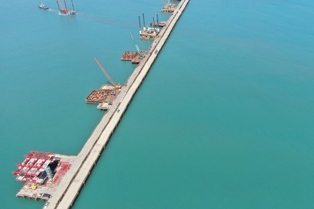 2021年9月7日拍攝的三接棧橋工程空拍圖。（中油提供）