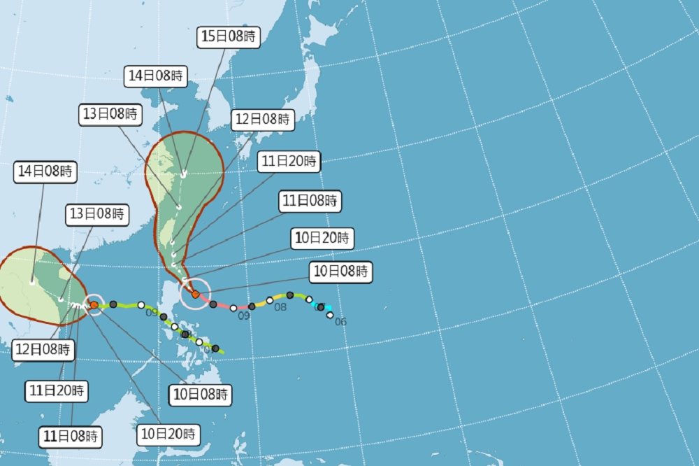 氣象局10日早上發布璨樹颱風路徑潛勢預報。（取自中央氣象局官網）