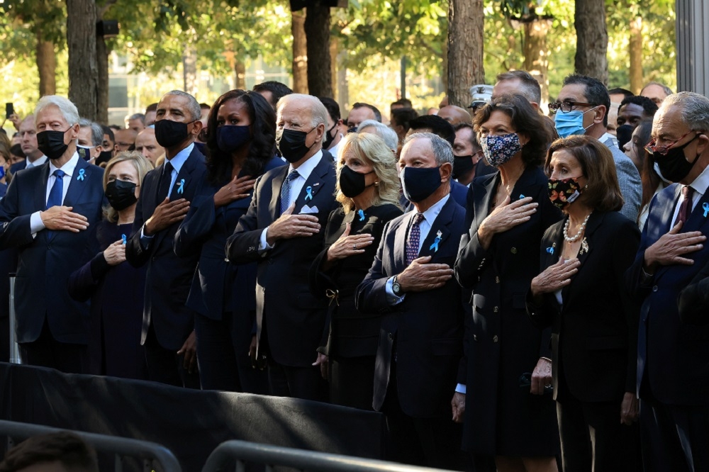 美國總統拜登、歷任美國總統與其伴侶出席911事件20周年紀念儀式。（湯森路透）