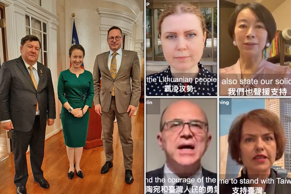 蕭美琴（中）在美邀請立陶宛外委會主席帕維里奧尼斯（右）及參議員辛格里斯作客；多國議員合組的「對華政策跨國議會聯盟」日前也釋出影片抗中霸凌。（合成畫面／取自推特）