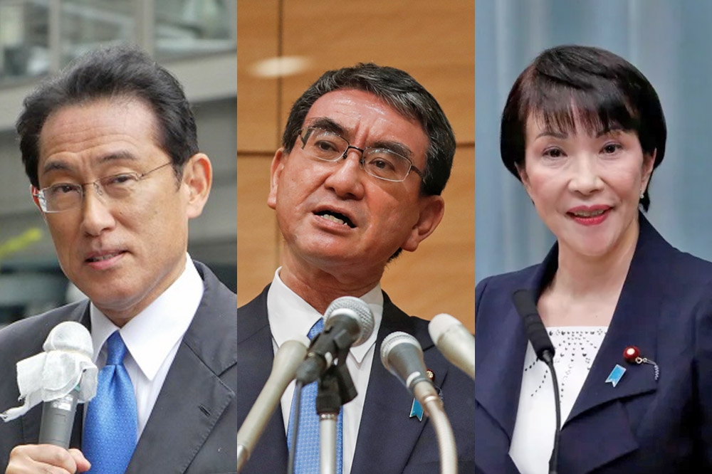 宣布參選自民黨總裁的候選人岸田文雄（左）、河野太郎（中）和高市早苗（右）。（湯森路透、Wikimedia，《上報》合成）