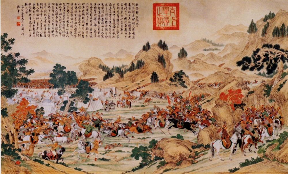 清兵在昭蘇格登山追擊準噶爾汗達瓦齊。（Public Domain）
